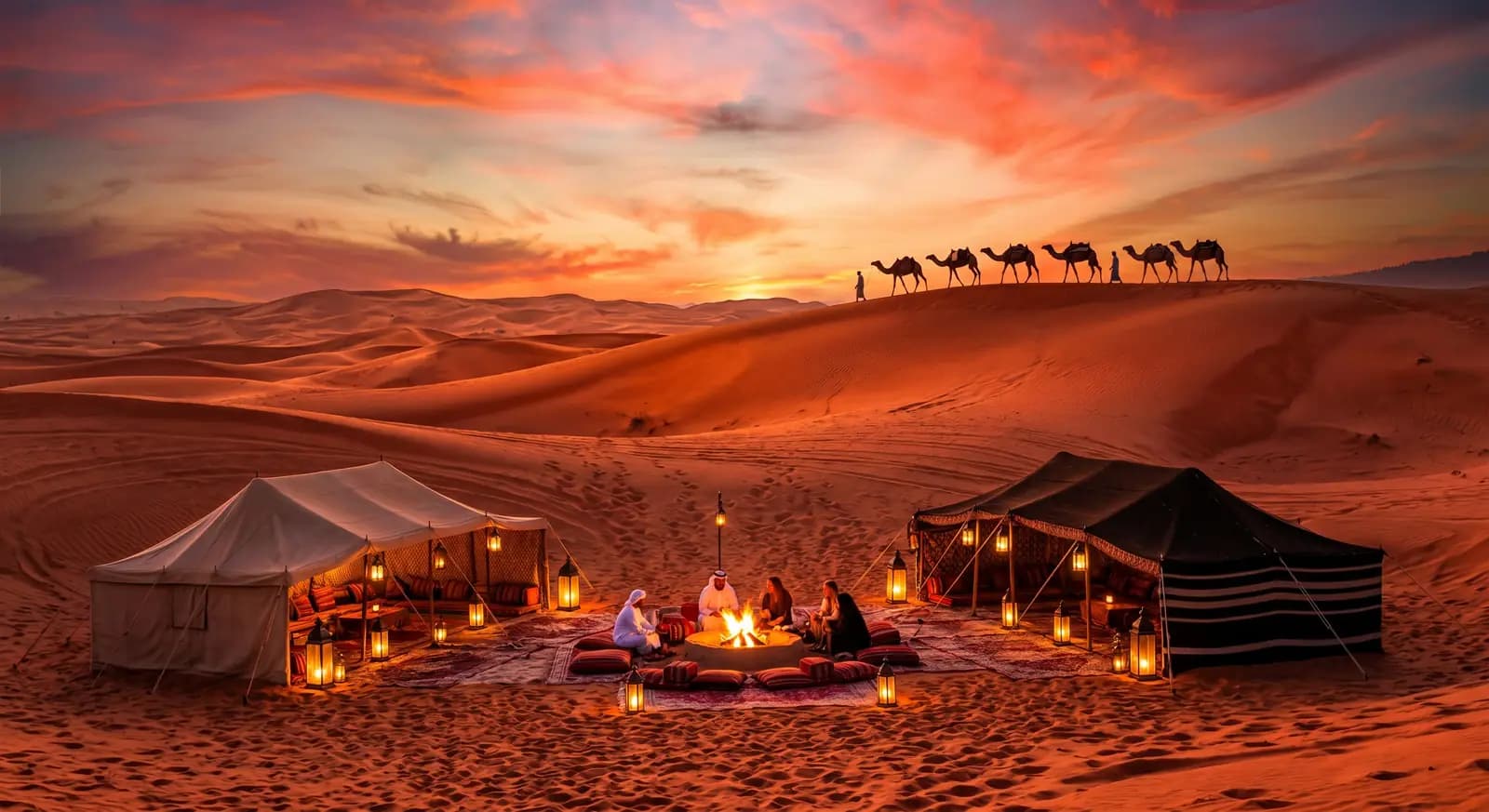 Golden dunes of the Dubai desert at sunset