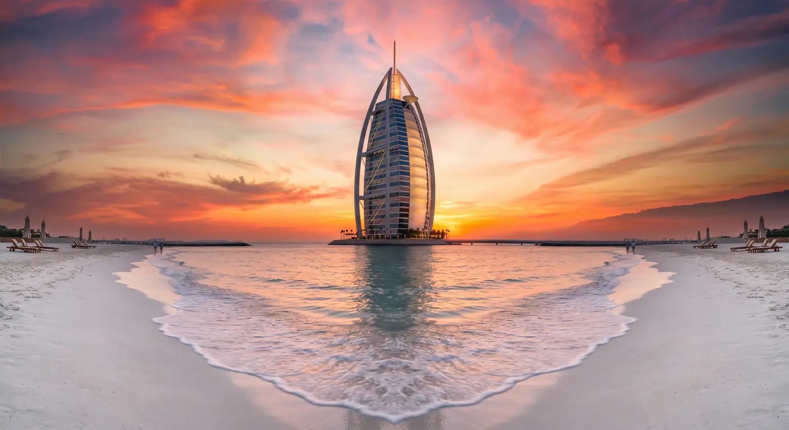 Dubai skyline at dusk over the Arabian Gulf